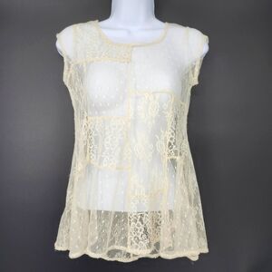 Ivory Sheer Patchwork Womens Lace Top Size XS Fairycore Dainty Festival Romantic